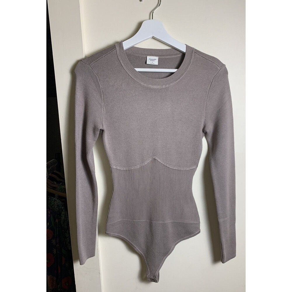 ABERCROMBIE & FITCH Taupe Crew Neck Bodysuit Long Sleeve Corset Ribbed Small Y2K